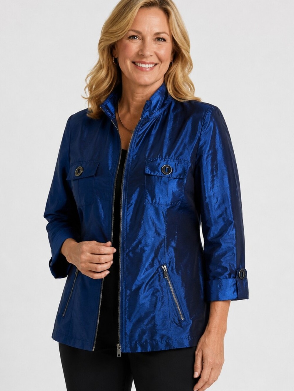 Chico's Blue Shimmer Jacket Size 2 Large Metallic Zip Evening Blazer Jacket